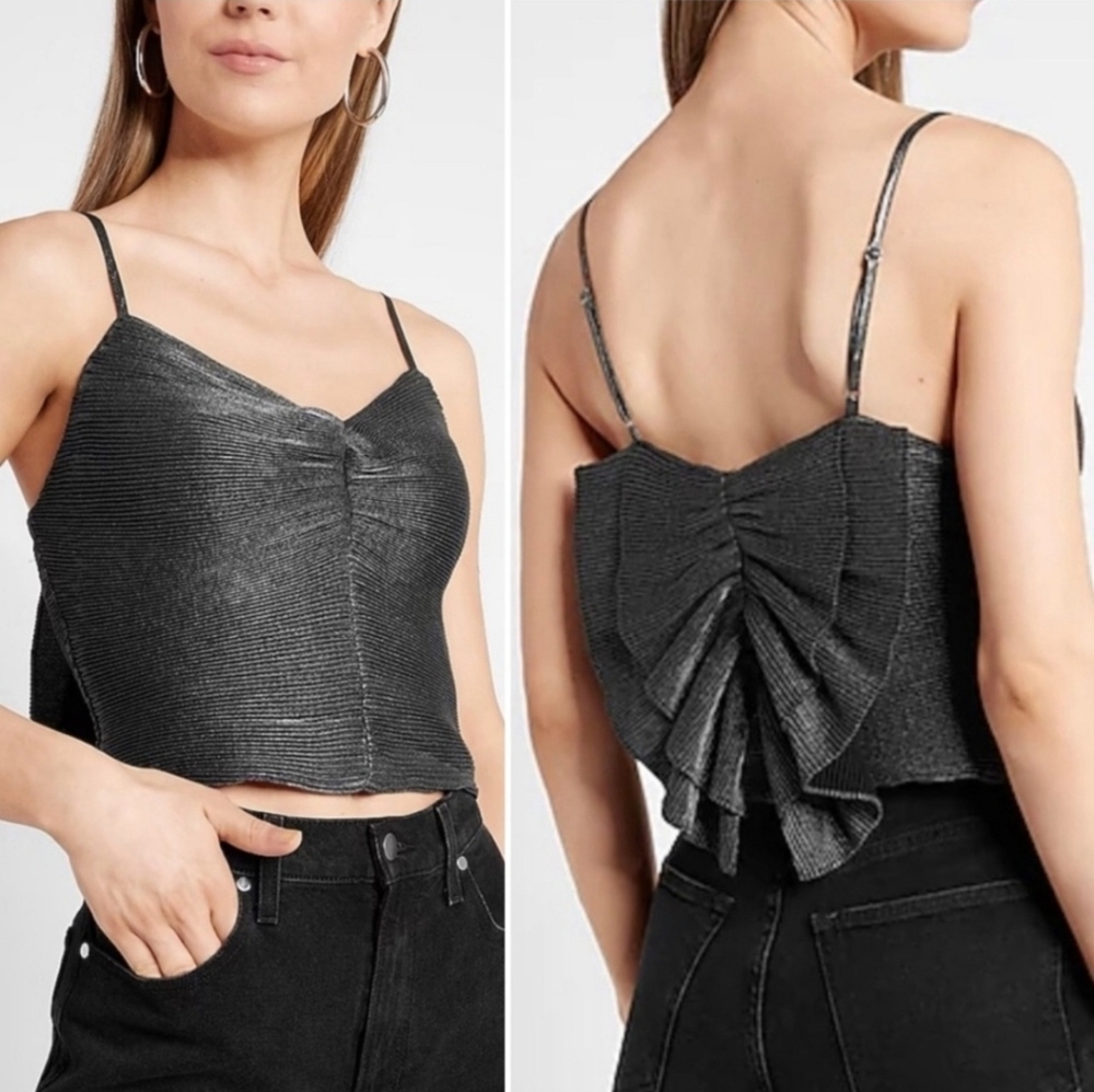 💰⏳Express Metallic Pleated Bow Back Cropped Cami Tank Sz Lg NWT See Description